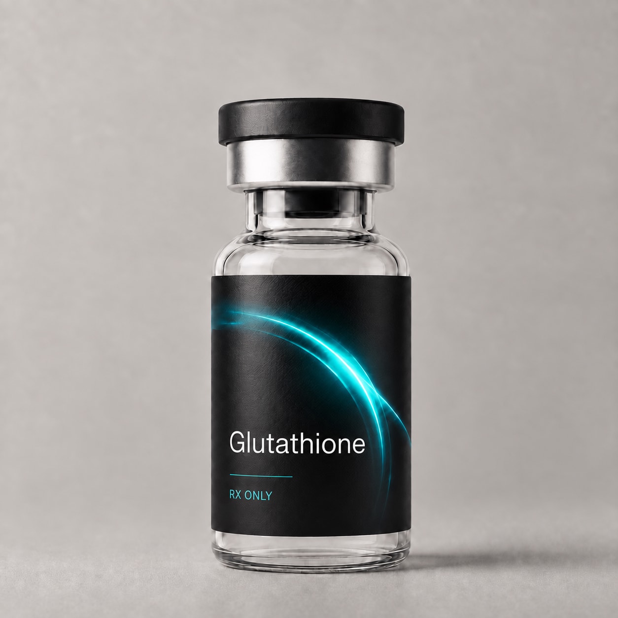 Glutathione prescription vial with a black and teal label