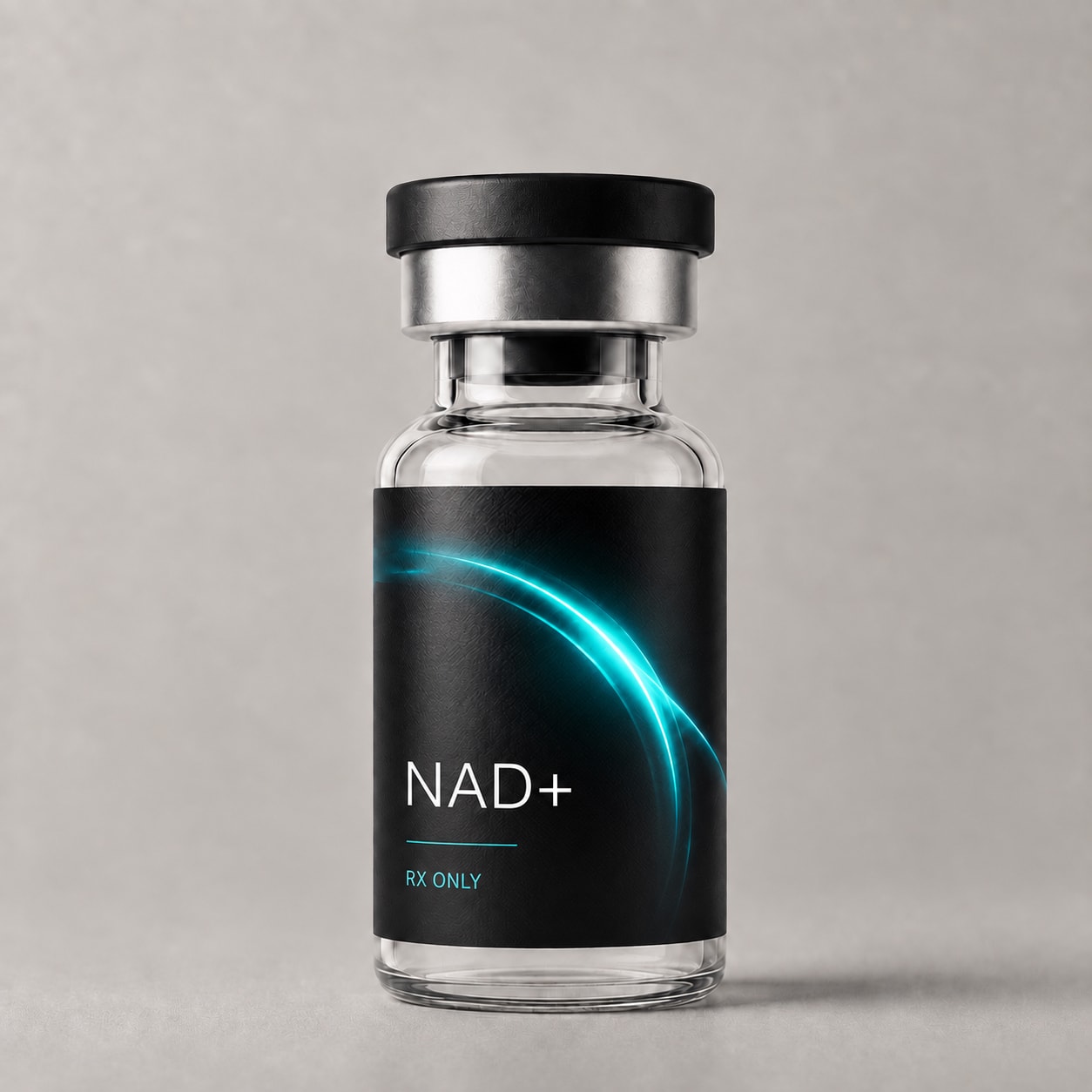 NAD+ prescription vial with a teal label