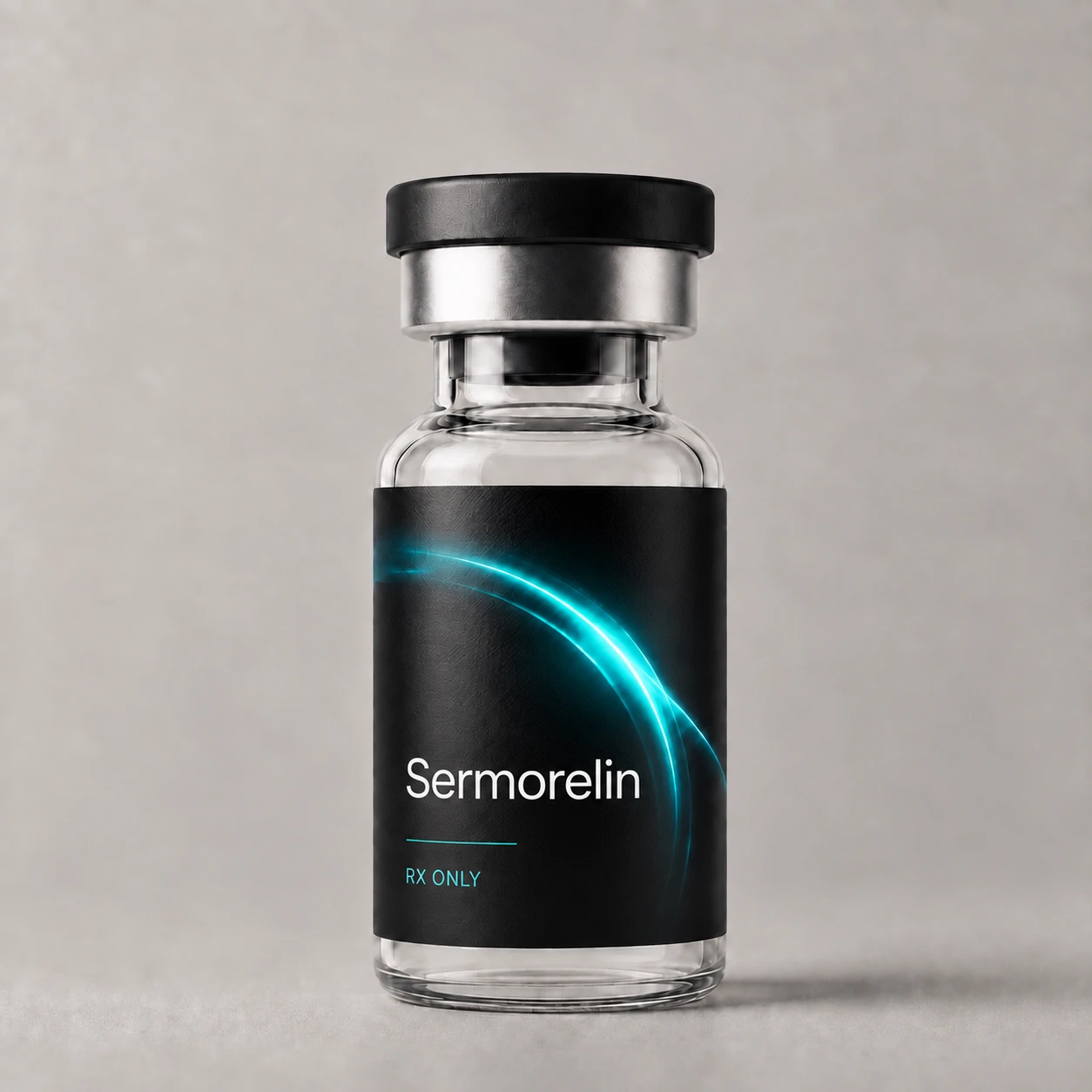 Sermorelin prescription vial with a black and teal label