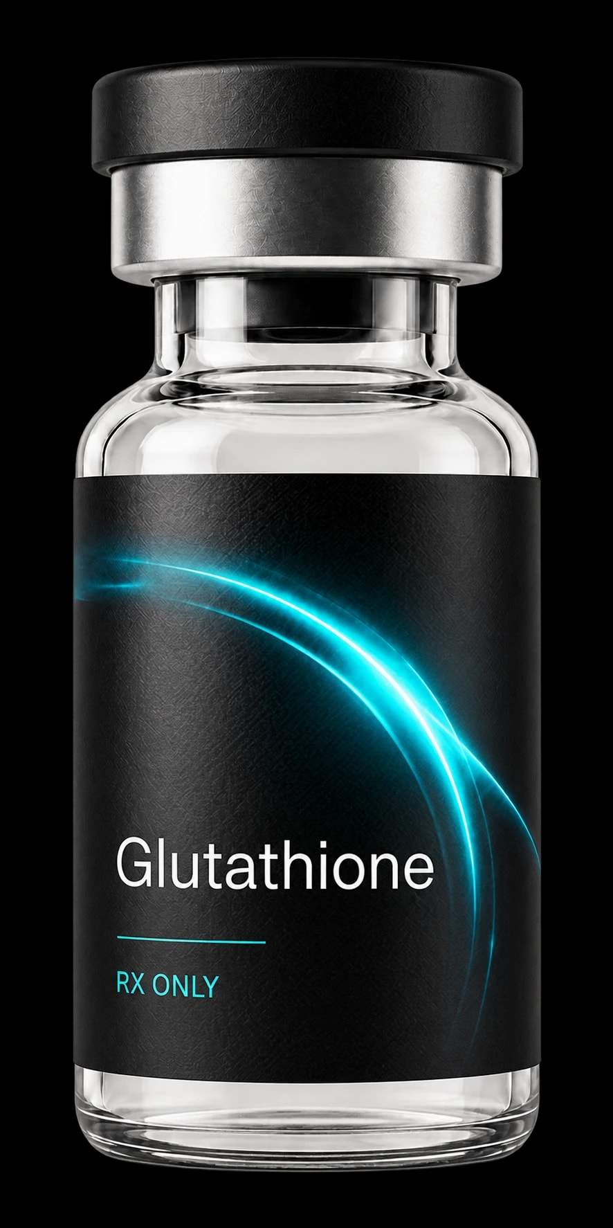 Glutathione prescription vial with a black and teal label